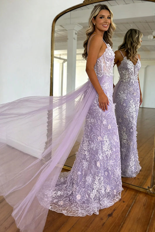 Lavender Floral Embroidered Mermaid Prom Dress With Sheer Bodice & Train AD401