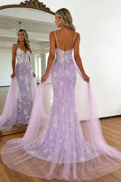 Lavender Floral Embroidered Mermaid Prom Dress With Sheer Bodice & Train AD401