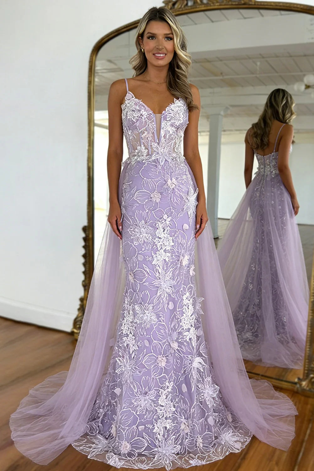 Lavender Floral Embroidered Mermaid Prom Dress With Sheer Bodice & Train AD401