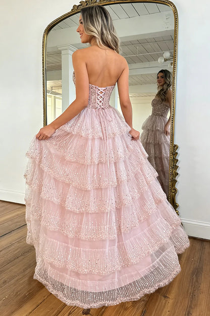 Elegant Blush Pink Sweethear Lace Up Tiered Tulle Prom Dress With Sparkle AD402