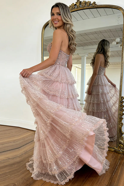 Elegant Blush Pink Sweethear Lace Up Tiered Tulle Prom Dress With Sparkle AD402