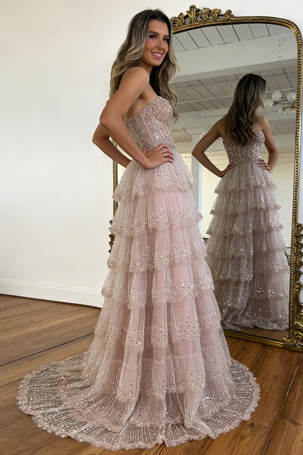 Elegant Blush Pink Sweethear Lace Up Tiered Tulle Prom Dress With Sparkle AD402