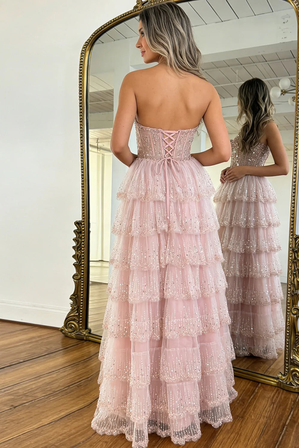 Elegant Blush Pink Sweethear Lace Up Tiered Tulle Prom Dress With Sparkle AD402