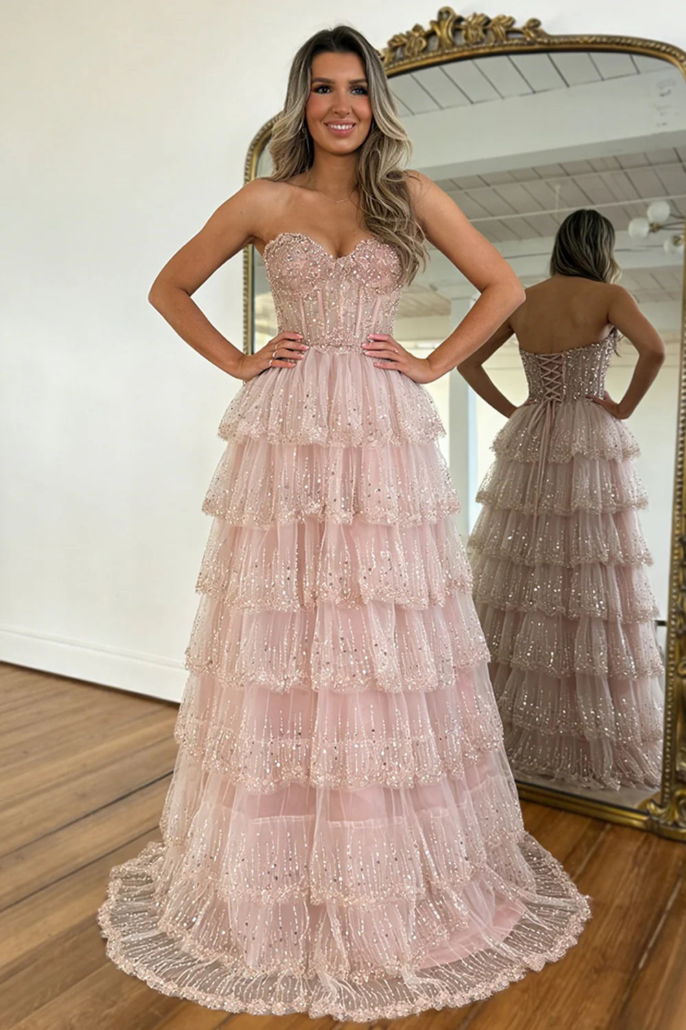 Elegant Blush Pink Sweethear Lace Up Tiered Tulle Prom Dress With Sparkle AD402