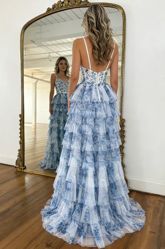 Vintage Style Blue Floral Tiered Tulle Prom Dress With Corset Bodice AD403