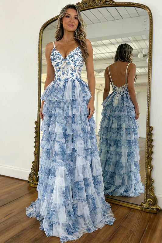 Vintage Style Blue Floral Tiered Tulle Prom Dress With Corset Bodice AD403