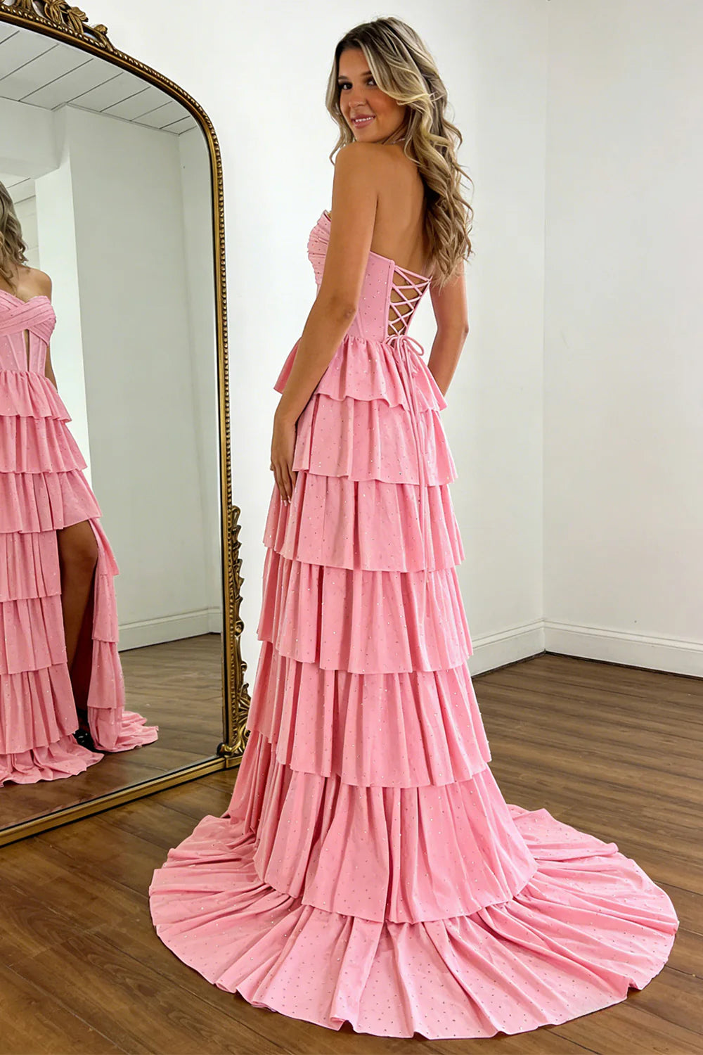 Romantic Pink Sweetheart Glitter Corset Prom Dress With High Slit And Ruffles AD404