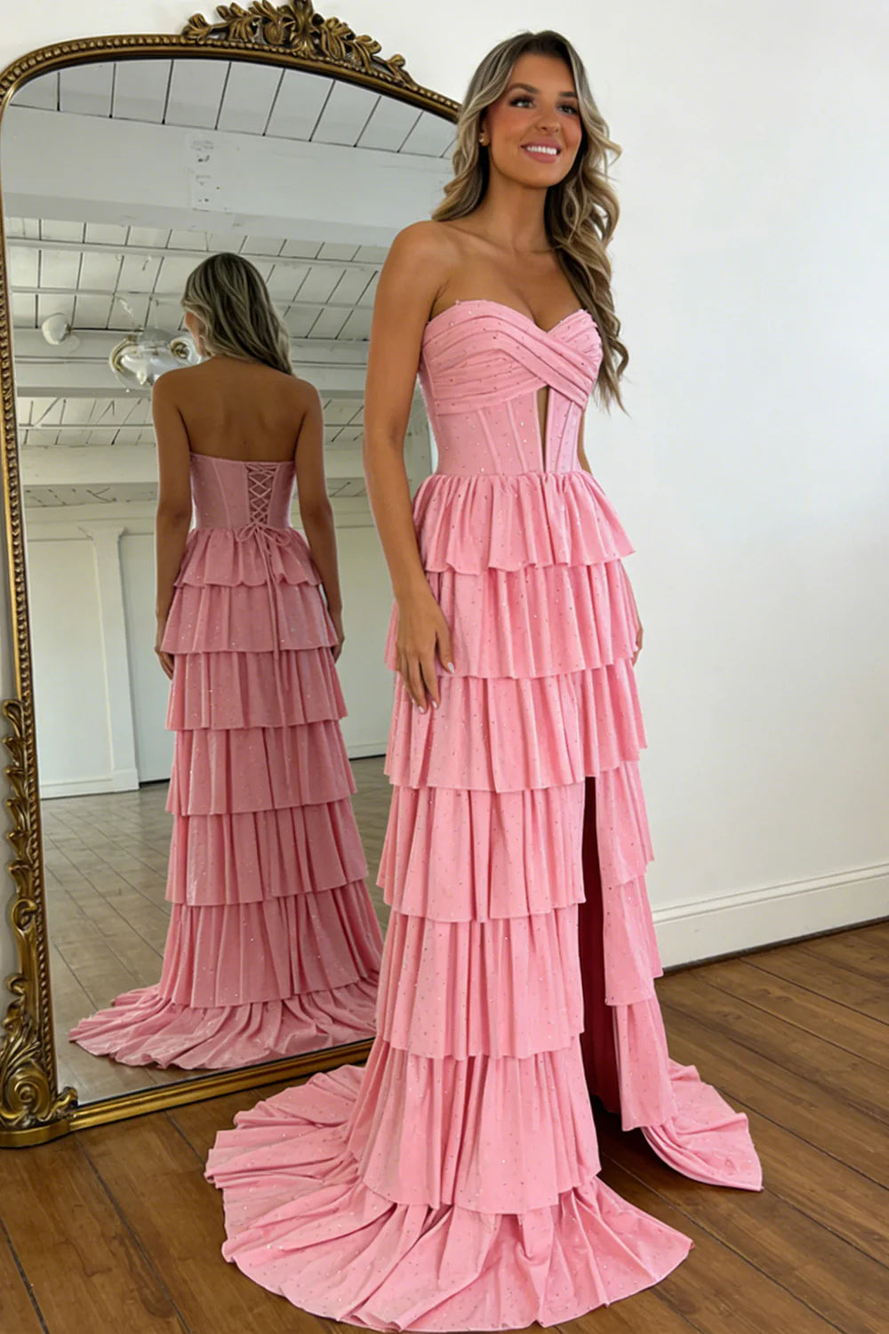 Romantic Pink Sweetheart Glitter Corset Prom Dress With High Slit And Ruffles AD404