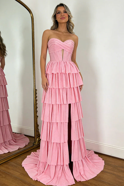 Romantic Pink Sweetheart Glitter Corset Prom Dress With High Slit And Ruffles AD404