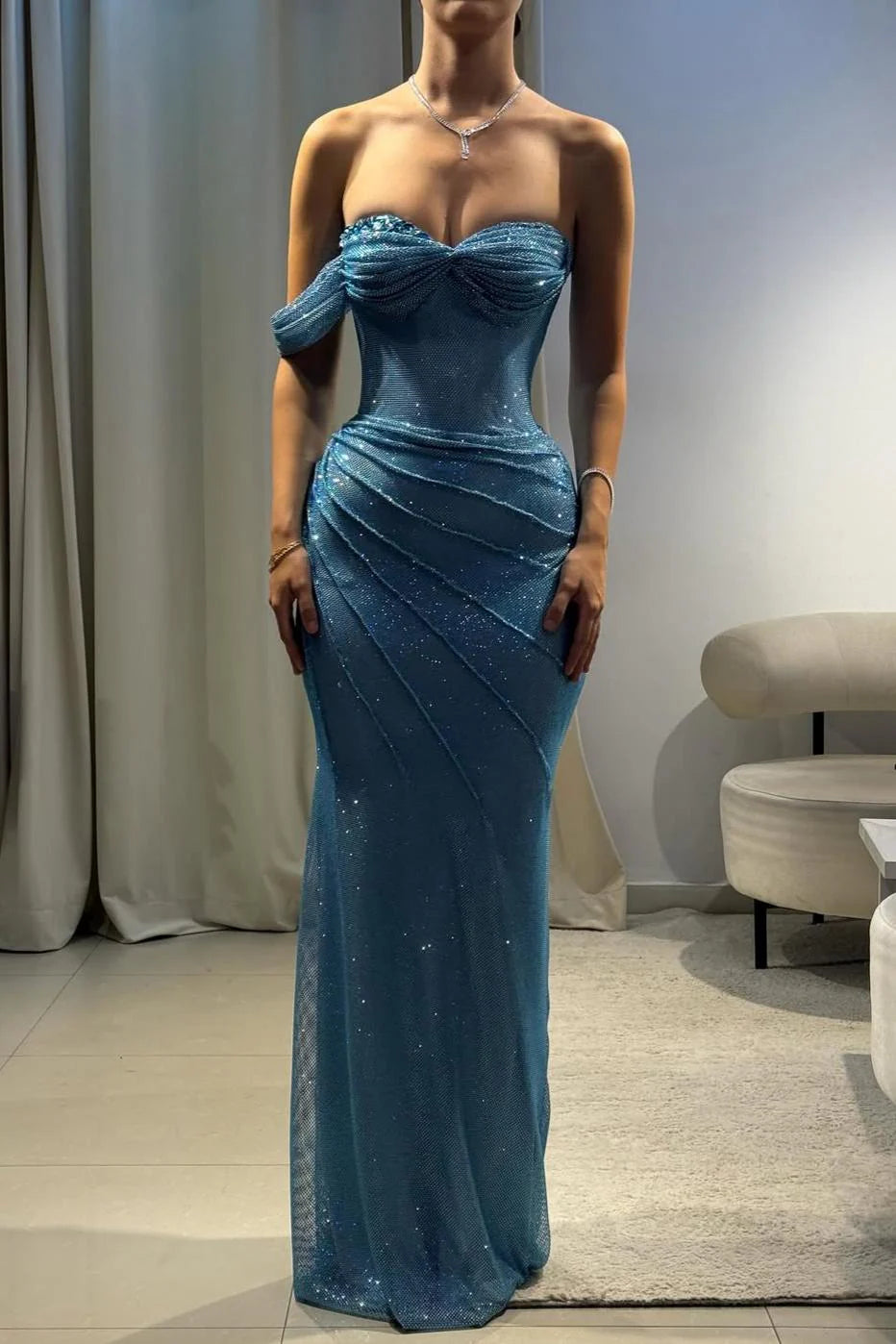 Blue One-Shoulder Sparkly Mermaid Prom Dress With Ruched Detailing AD406