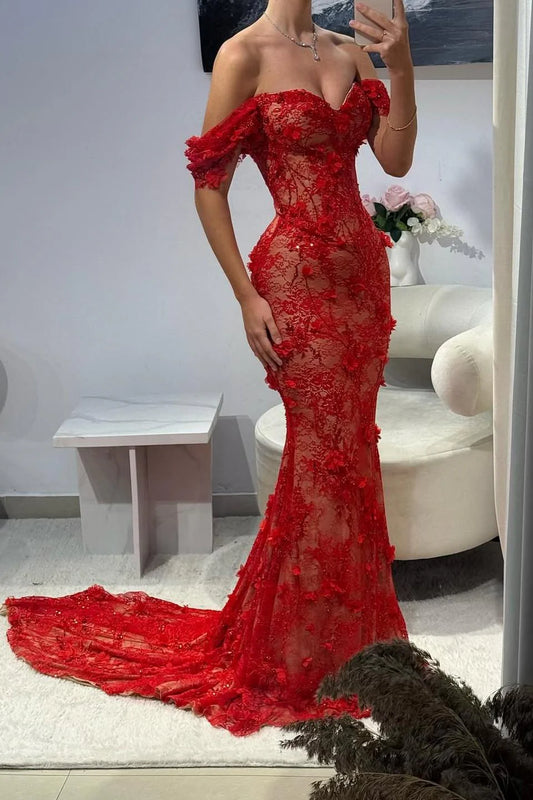 Red Off-Shoulder Lace Mermaid Prom Dress With Floral Appliques AD407