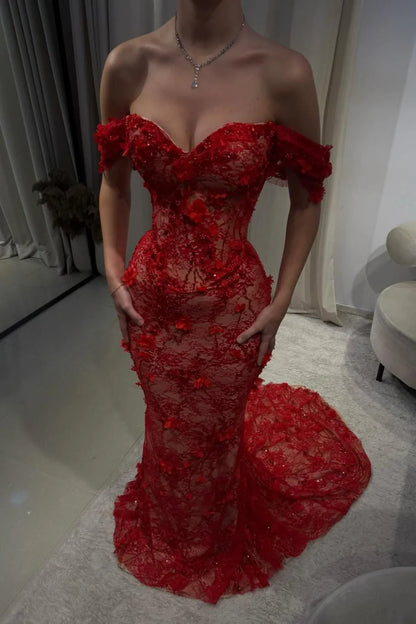 Red Off-Shoulder Lace Mermaid Prom Dress With Floral Appliques AD407