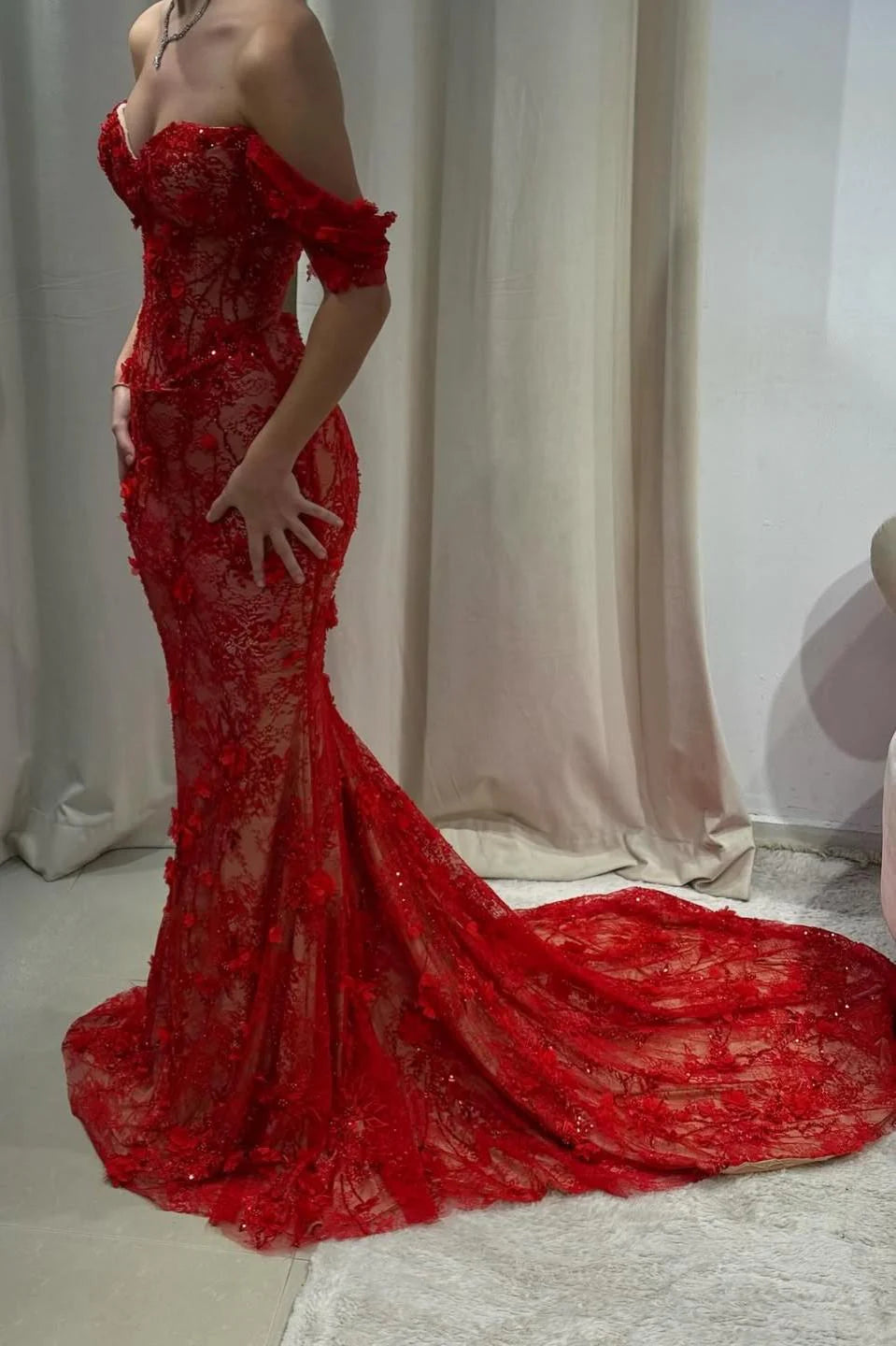 Red Off-Shoulder Lace Mermaid Prom Dress With Floral Appliques AD407