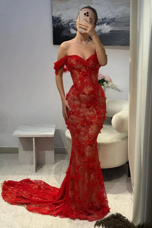Red Off-Shoulder Lace Mermaid Prom Dress With Floral Appliques AD407