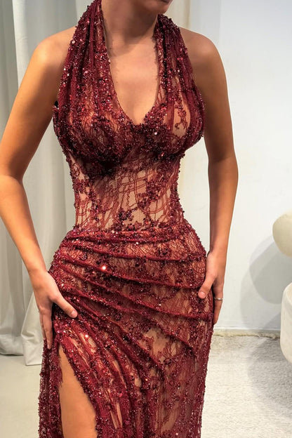 Elegant Burgundy Sequin Lace Halter Prom Dress With Fitted Silhouette And Illusion Bodice AD408