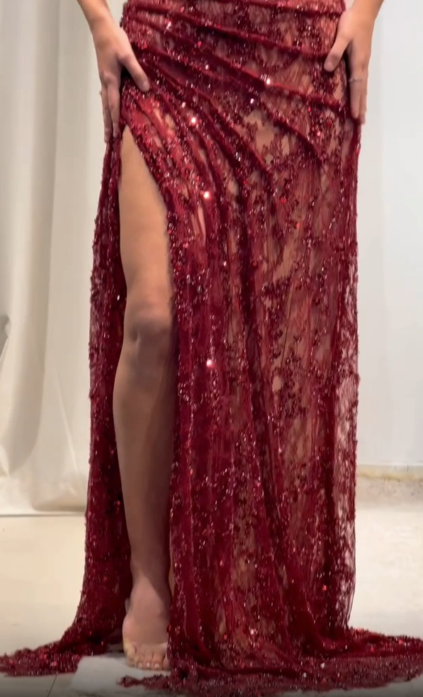 Elegant Burgundy Sequin Lace Halter Prom Dress With Fitted Silhouette And Illusion Bodice AD408