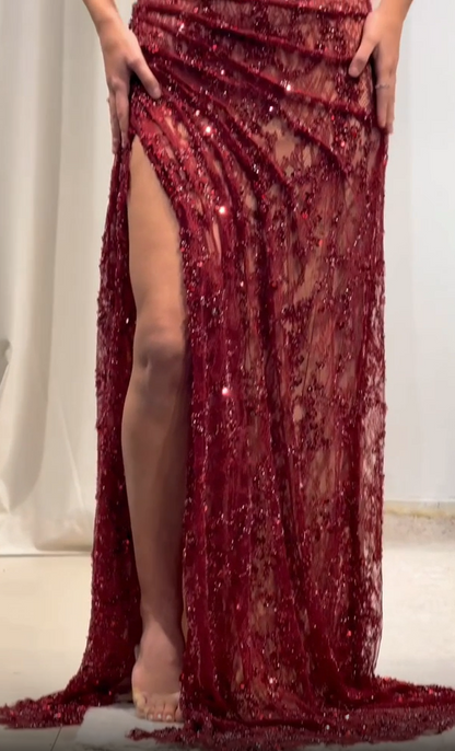 Elegant Burgundy Sequin Lace Halter Prom Dress With Fitted Silhouette And Illusion Bodice AD408