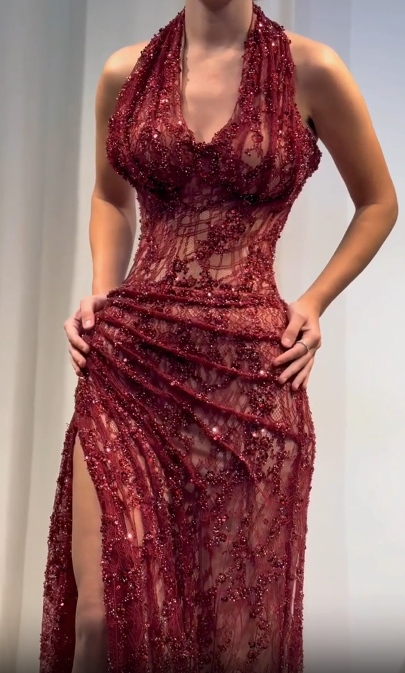 Elegant Burgundy Sequin Lace Halter Prom Dress With Fitted Silhouette And Illusion Bodice AD408