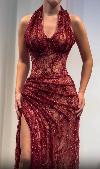 Elegant Burgundy Sequin Lace Halter Prom Dress With Fitted Silhouette And Illusion Bodice AD408