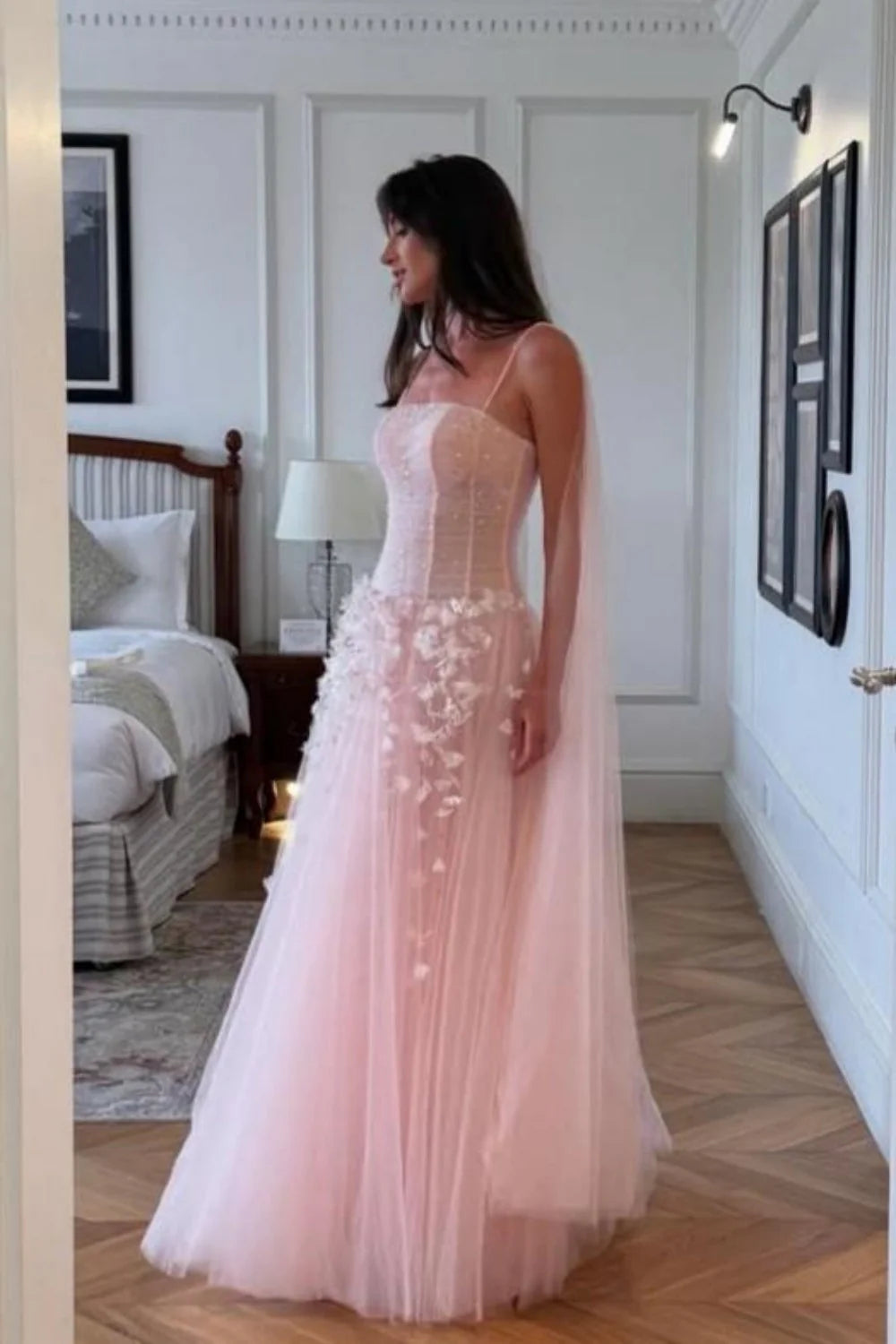 Pink Floral Spaghetti Straps Tulle Ball Gown Prom Dress With Corset Bodice AD409