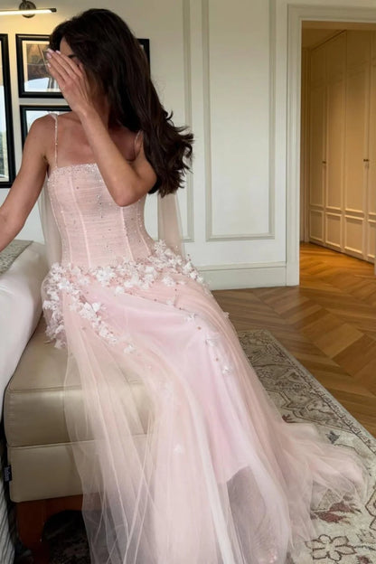 Pink Floral Spaghetti Straps Tulle Ball Gown Prom Dress With Corset Bodice AD409