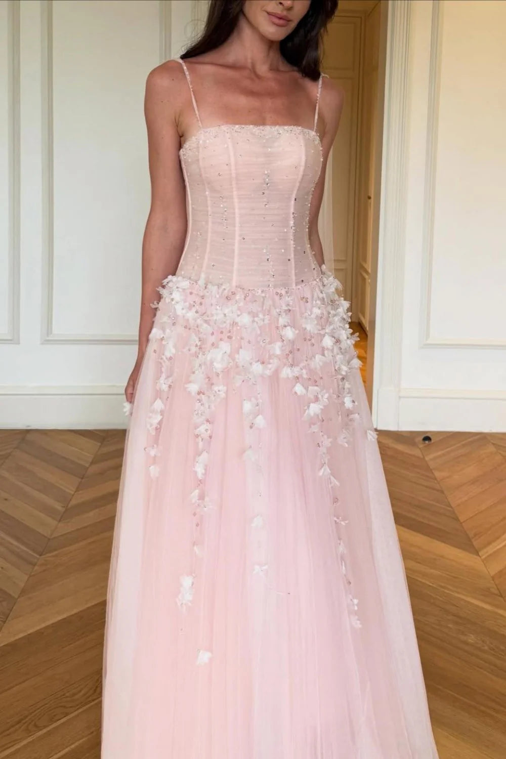 Pink Floral Spaghetti Straps Tulle Ball Gown Prom Dress With Corset Bodice AD409