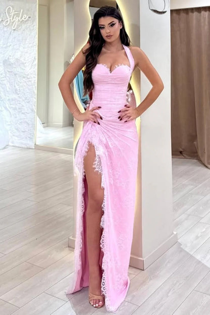 Stunning Pink Ruched Corset Lace Mermaid Prom Dress With Halter Neck & Slit AD410