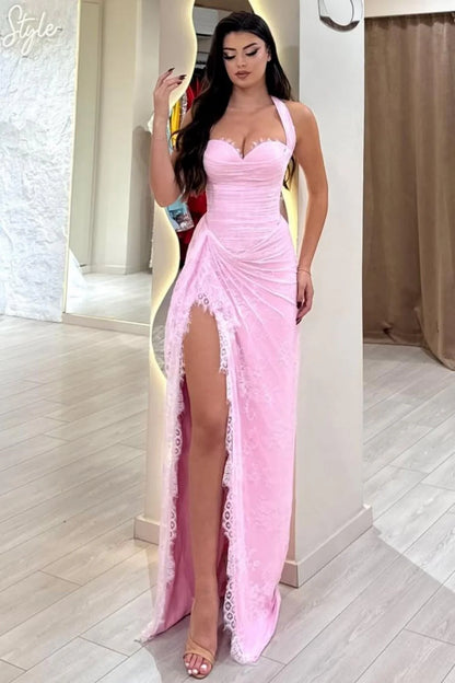 Stunning Pink Ruched Corset Lace Mermaid Prom Dress With Halter Neck & Slit AD410