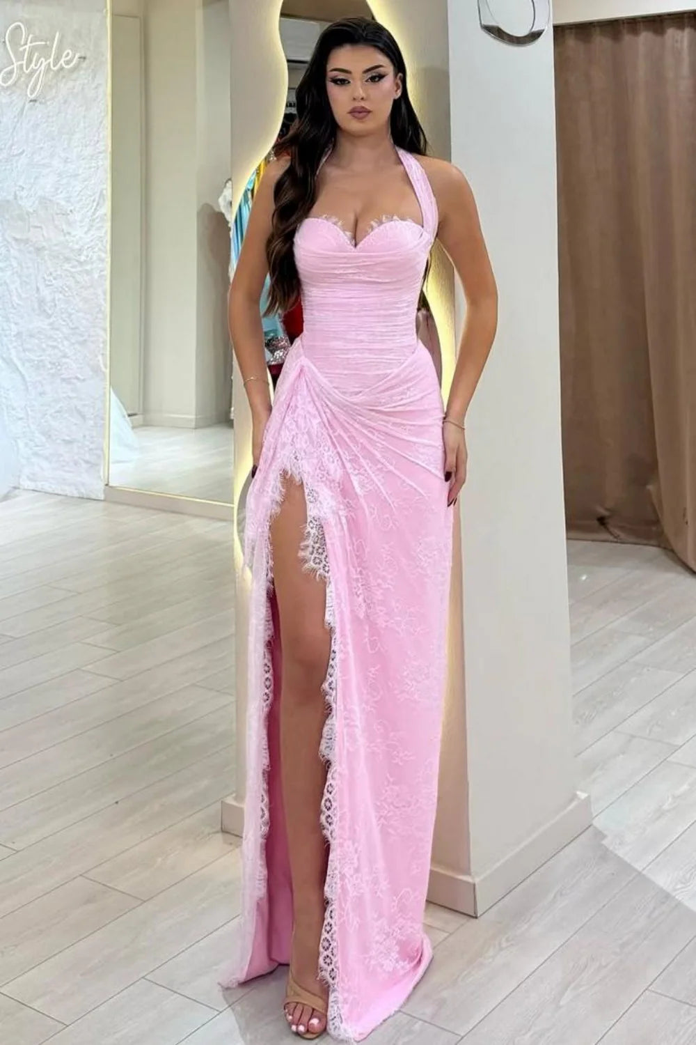 Stunning Pink Ruched Corset Lace Mermaid Prom Dress With Halter Neck & Slit AD410