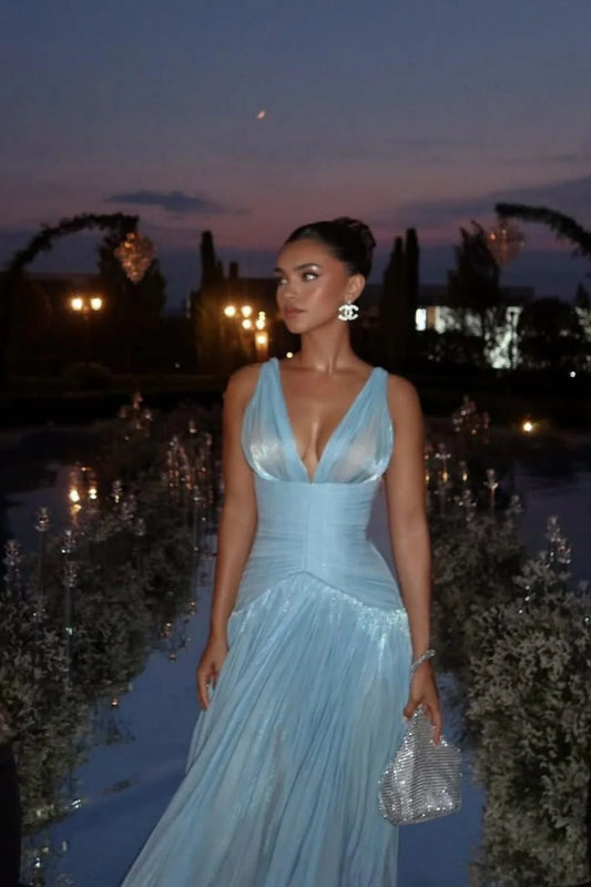 Light Blue Shimmer A-Line Evening Gown With Plunge Neck And Slit AD411