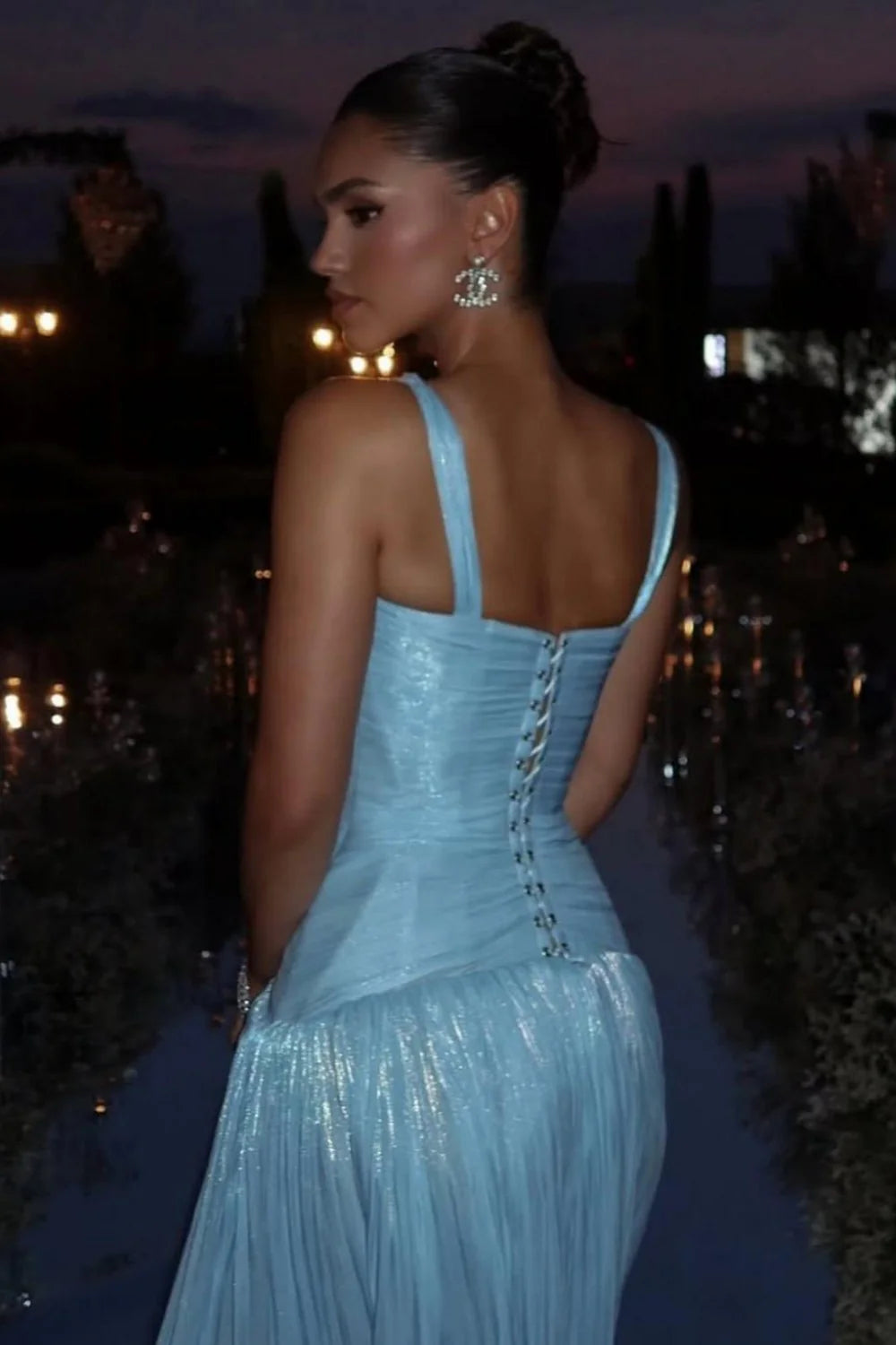 Light Blue Shimmer A-Line Evening Gown With Plunge Neck And Slit AD411