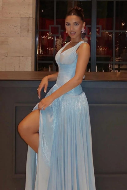 Light Blue Shimmer A-Line Evening Gown With Plunge Neck And Slit AD411