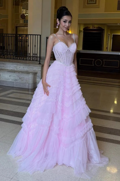 Pink Corset Spaghetti Straps Prom Ball Gown With Beaded Bodice & Tiered Skirt AD412