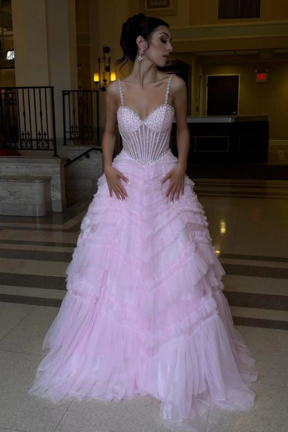 Pink Corset Spaghetti Straps Prom Ball Gown With Beaded Bodice & Tiered Skirt AD412