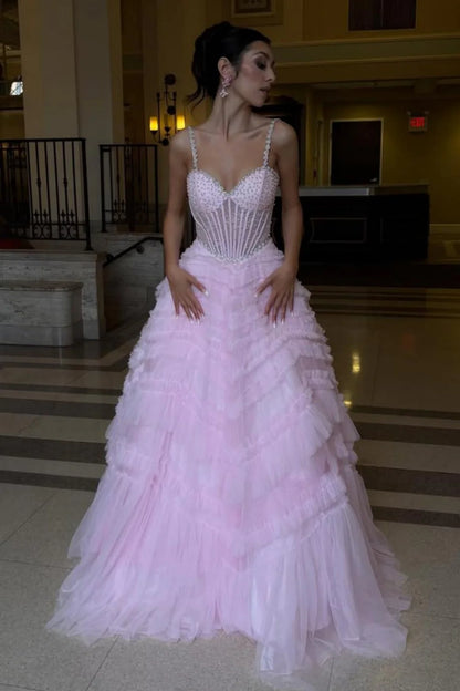 Pink Corset Spaghetti Straps Prom Ball Gown With Beaded Bodice & Tiered Skirt AD412