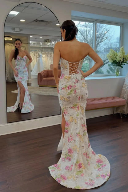 Sweetheart Mermaid Floral Beaded Corset Prom Dress With High Slit AD413