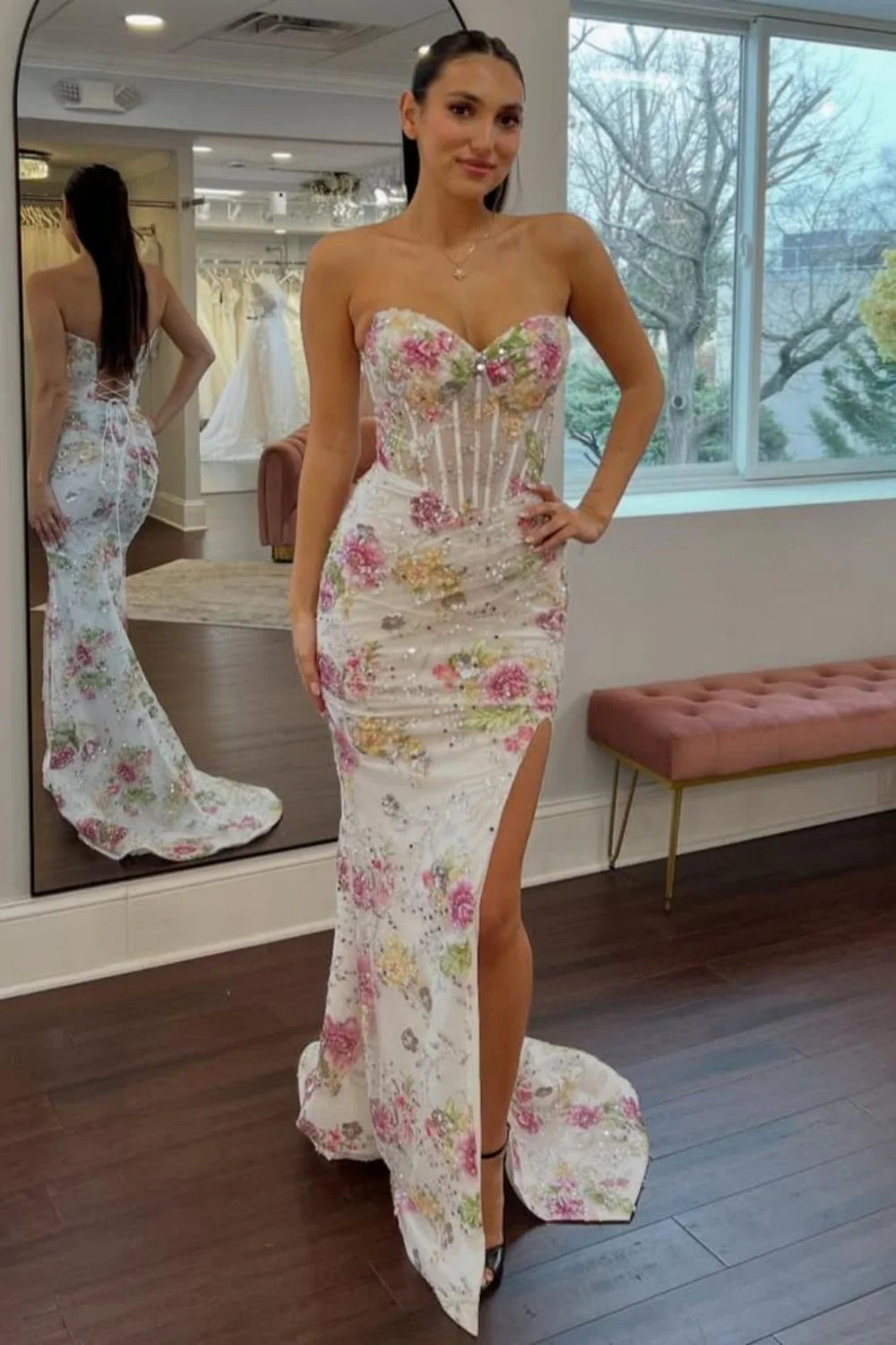 Sweetheart Mermaid Floral Beaded Corset Prom Dress With High Slit AD413