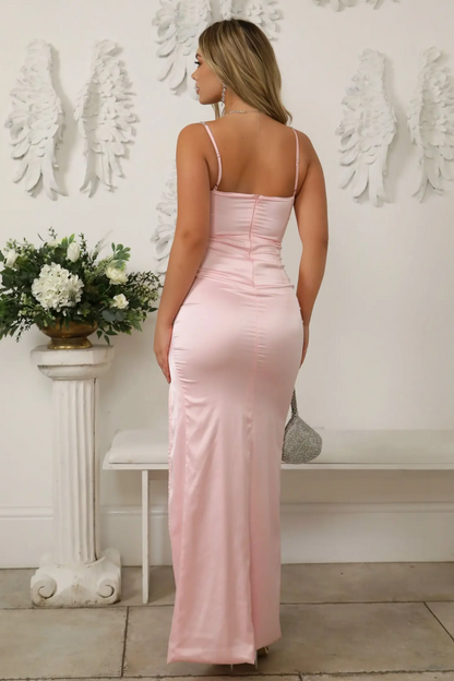 Light Pink Satin Corset Prom Dress With Crystal Spaghetti Straps & High Slit AD415