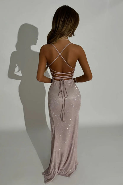 Blush Pink Spaghetti Straps Lace Up Sparkle Prom Dress With Thigh-High Slit AD416