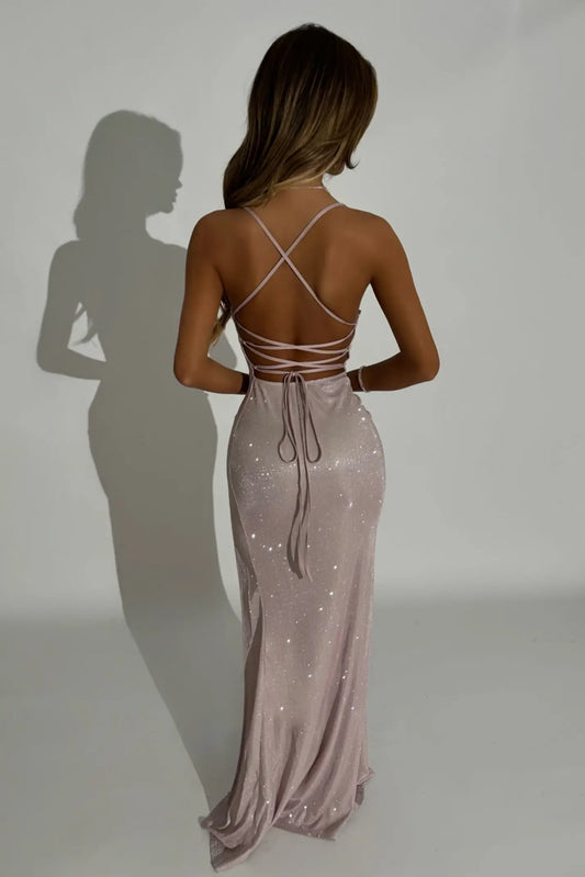 Blush Pink Spaghetti Straps Lace Up Sparkle Prom Dress With Thigh-High Slit AD416