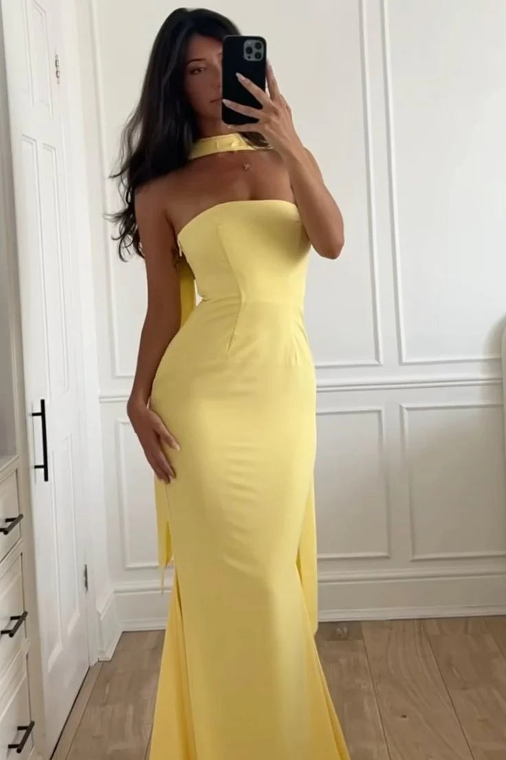 Classic Mermaid Strapless Yellow Long Prom Dress With Scarf AD417