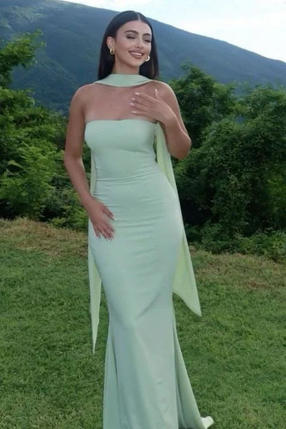 Classic Mermaid Strapless Yellow Long Prom Dress With Scarf AD417