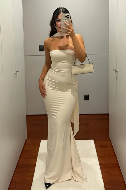 Classic Mermaid Strapless Yellow Long Prom Dress With Scarf AD417