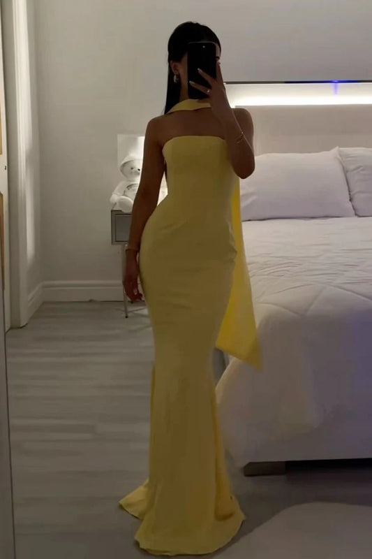 Classic Mermaid Strapless Yellow Long Prom Dress With Scarf AD417