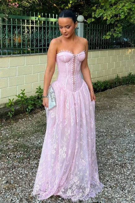 Princess A Line Sweetheart Pink Lace Corset Prom Dress With Criss Cross Back AD418