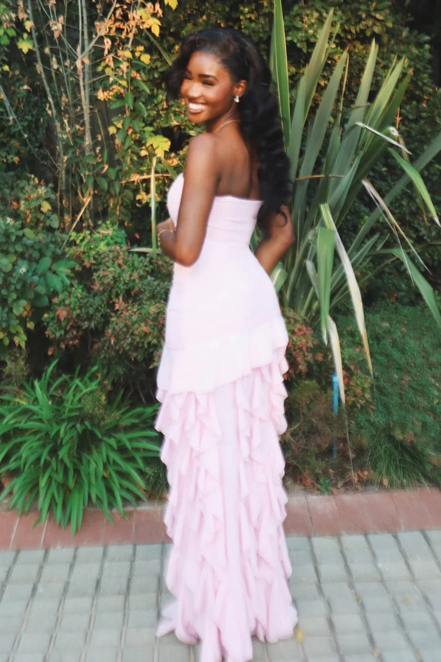 Trendy Sheath Strapless Pink Long Party Dress With Split Front Ruffles AD420