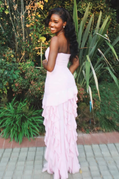 Trendy Sheath Strapless Pink Long Party Dress With Split Front Ruffles AD420