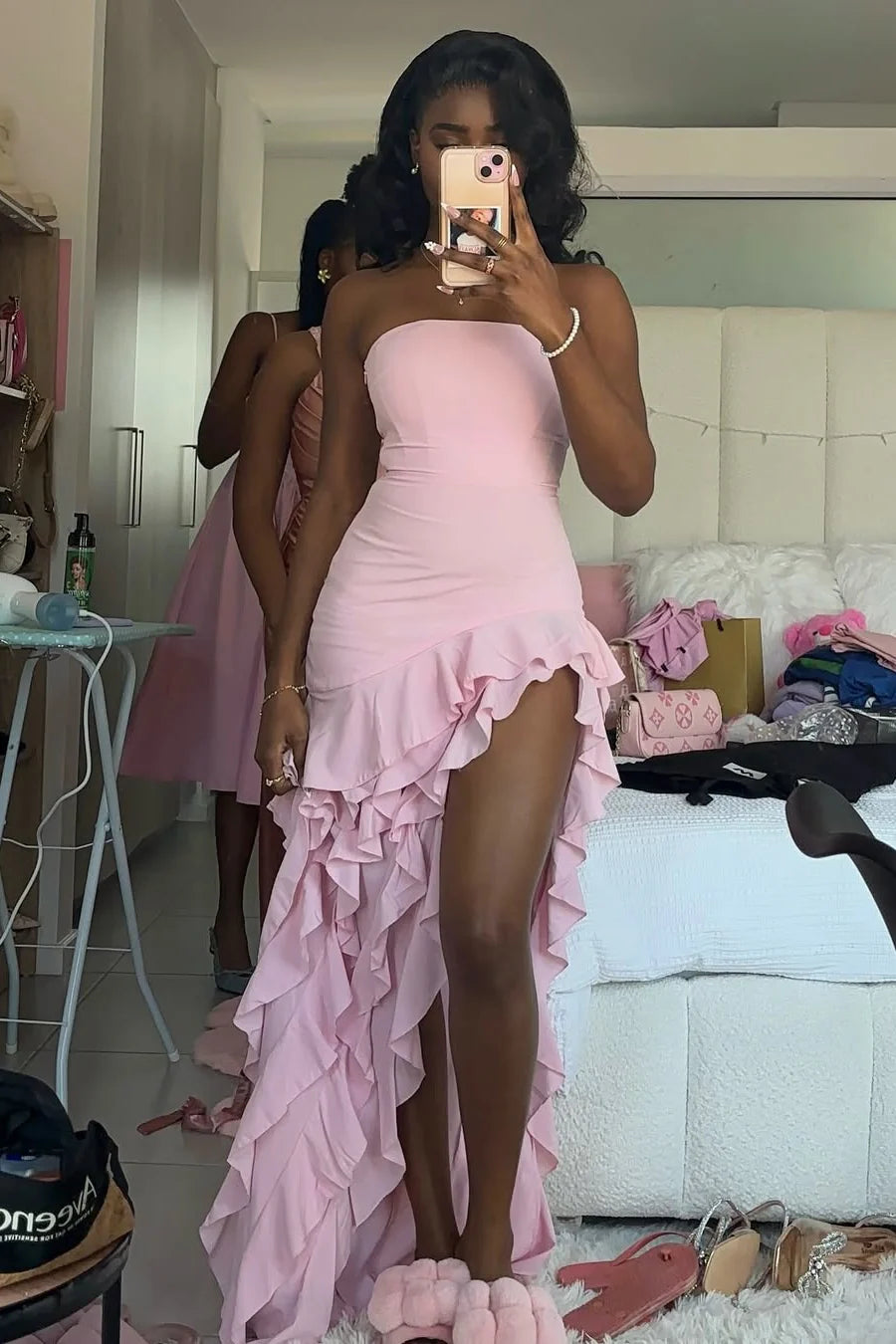 Trendy Sheath Strapless Pink Long Party Dress With Split Front Ruffles AD420