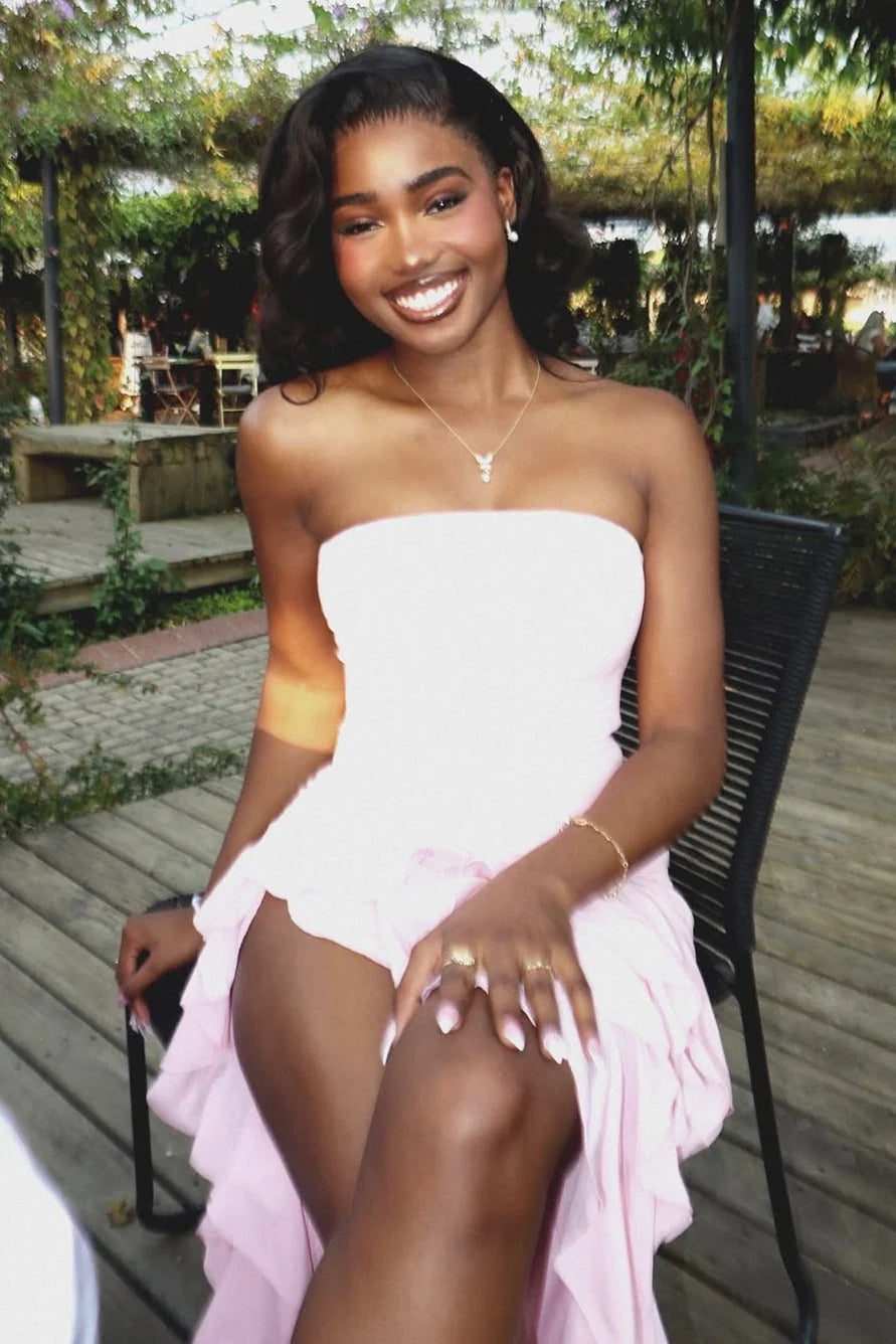 Trendy Sheath Strapless Pink Long Party Dress With Split Front Ruffles AD420