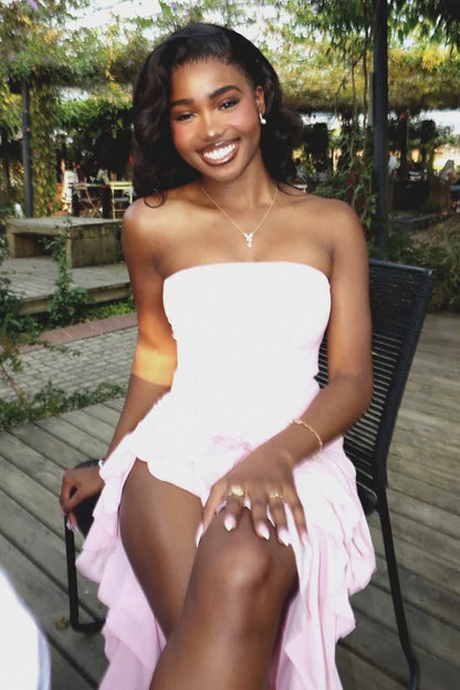 Trendy Sheath Strapless Pink Long Party Dress With Split Front Ruffles AD420